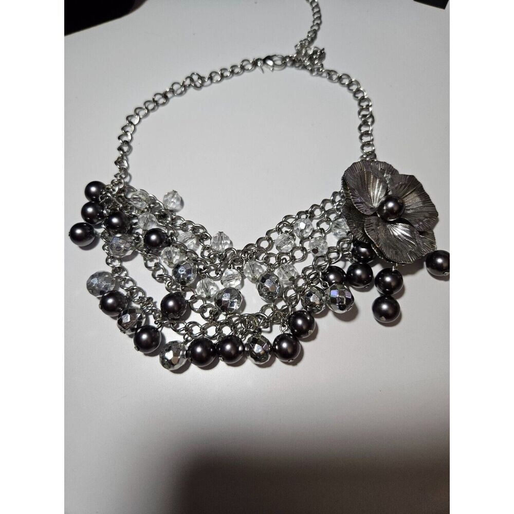 Roman silver tone beaded flower necklace 17-21"